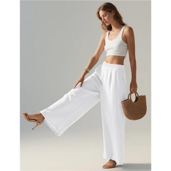 Linen Pants Women Wide Leg White - Picture 5 of 6
